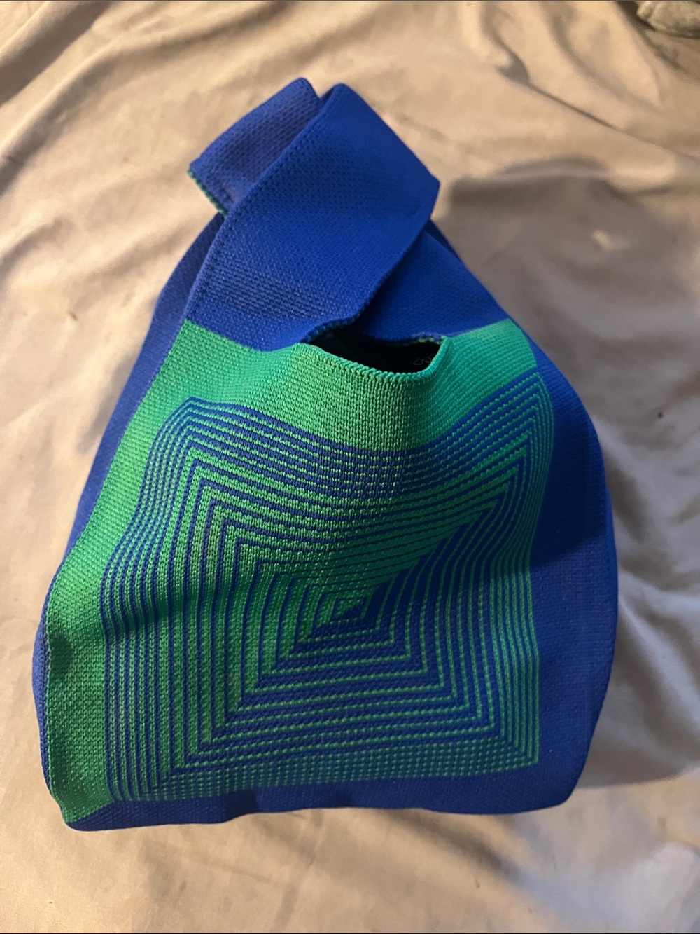 Bold Blue Handbag with Green Geometric Center